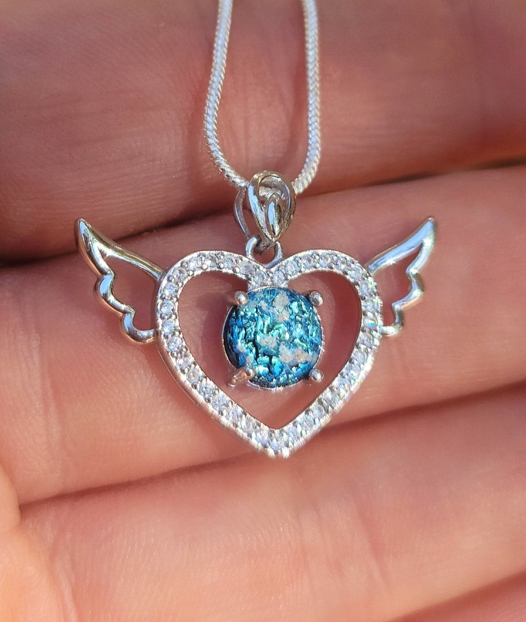 CZ Angel Wing Heart Cremation Jewelry Pendant Ashes InFused Glass Sterling Silver Pendant