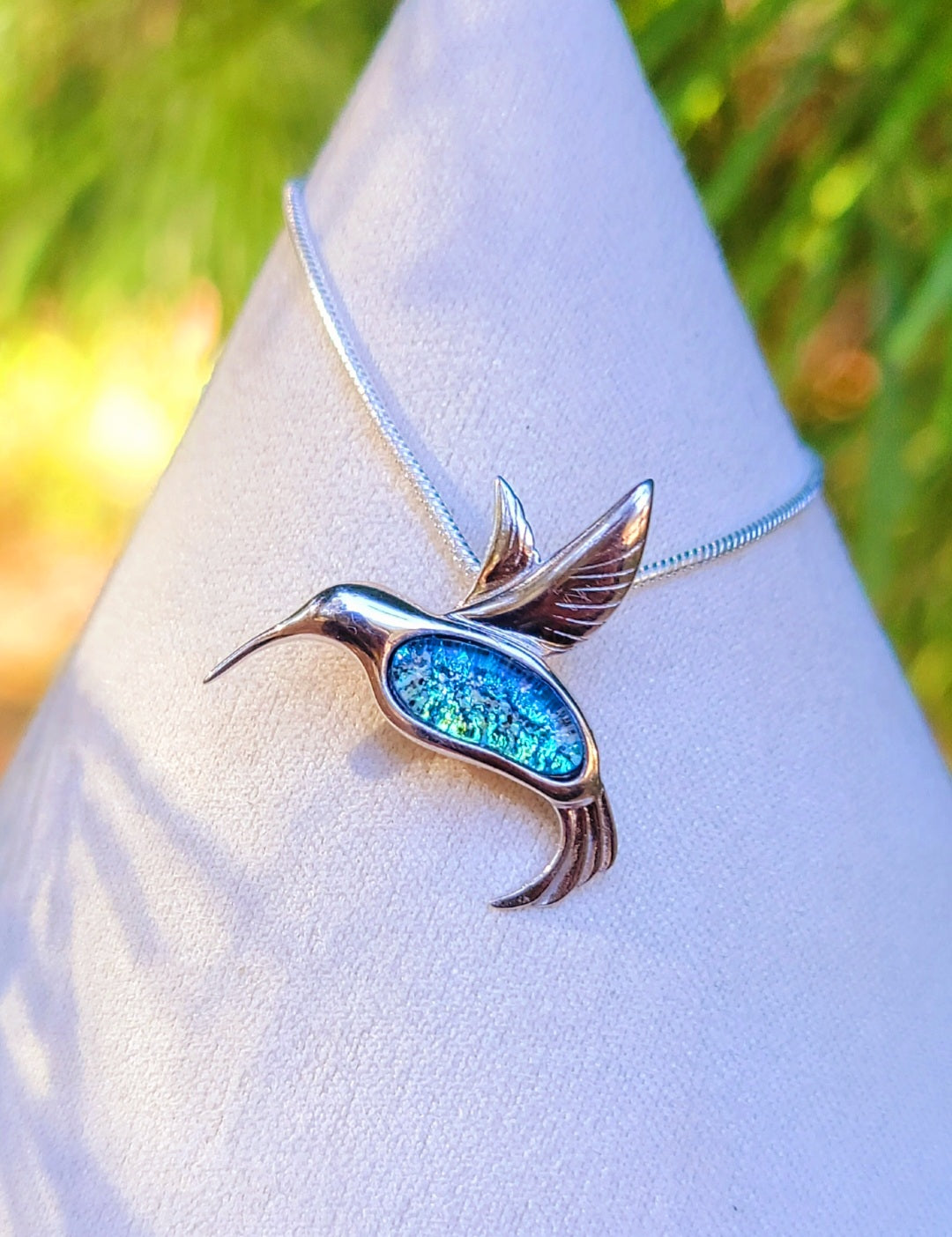 Hummingbird Cremation Urn Necklace - Crystal Heart Ash Holder
