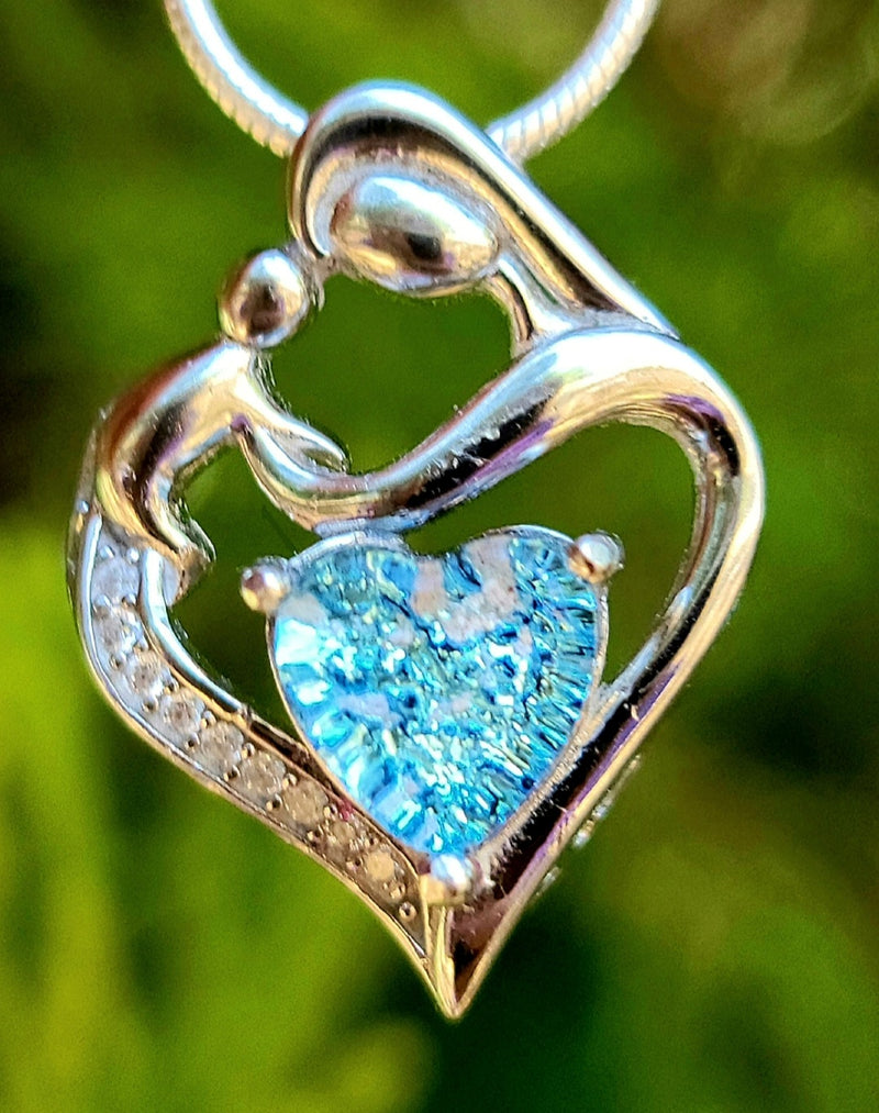 NEW Mother and Child Cremation Pendant Heart Cut Ashes InFused Glass Urn Pendant