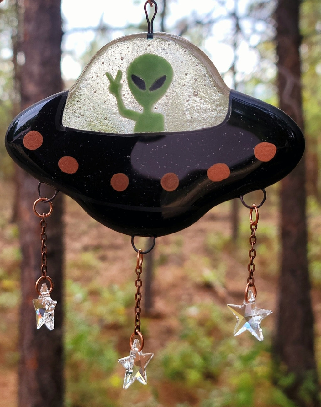 Alien Spaceship Sun Catchers Handmade Stars Cremation Ashes In Glass Memorial Urn 8x12