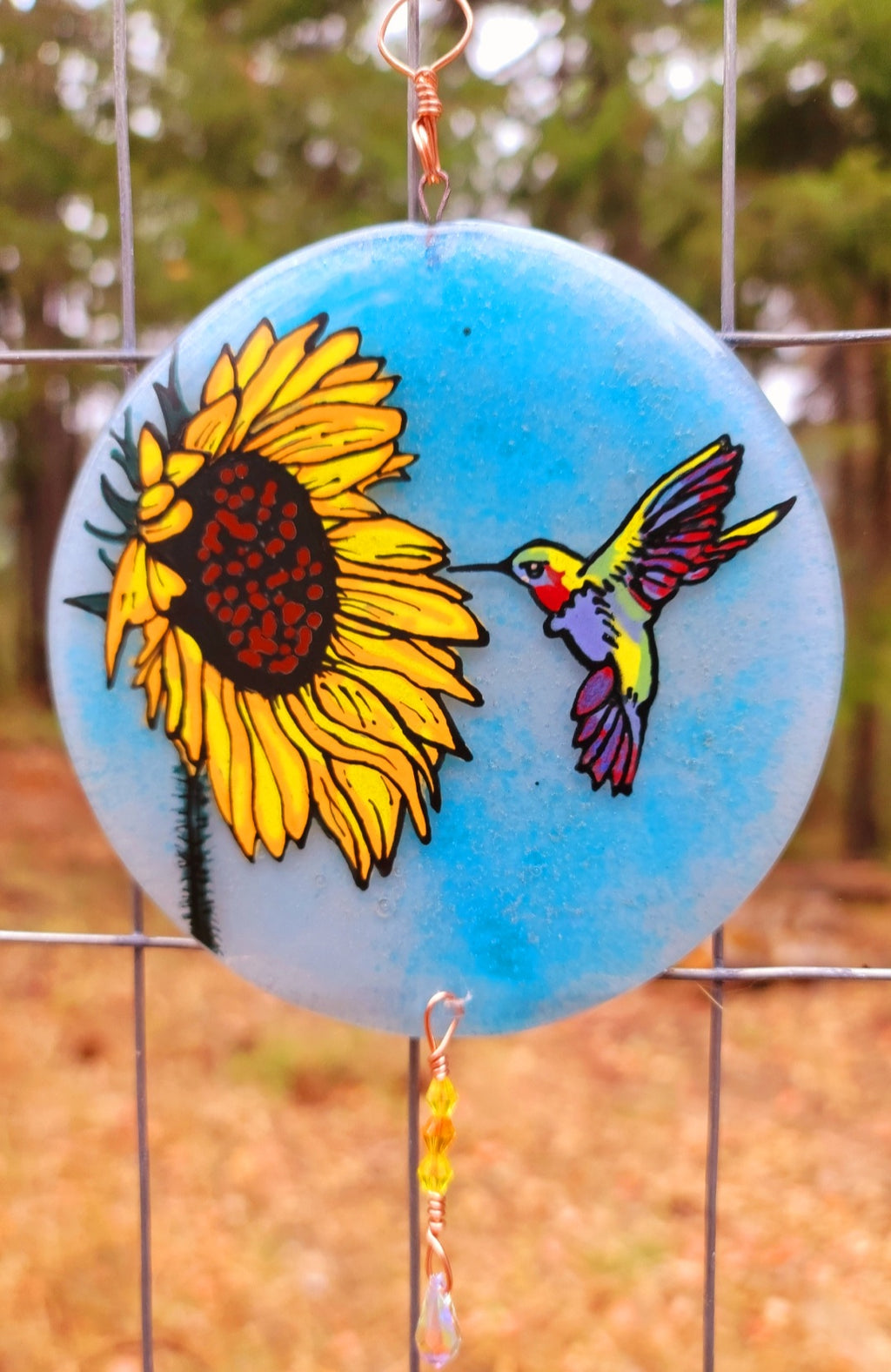 Hummingbird Sunflower Cremation Ashes InFused Glass Urn Sun Catchers