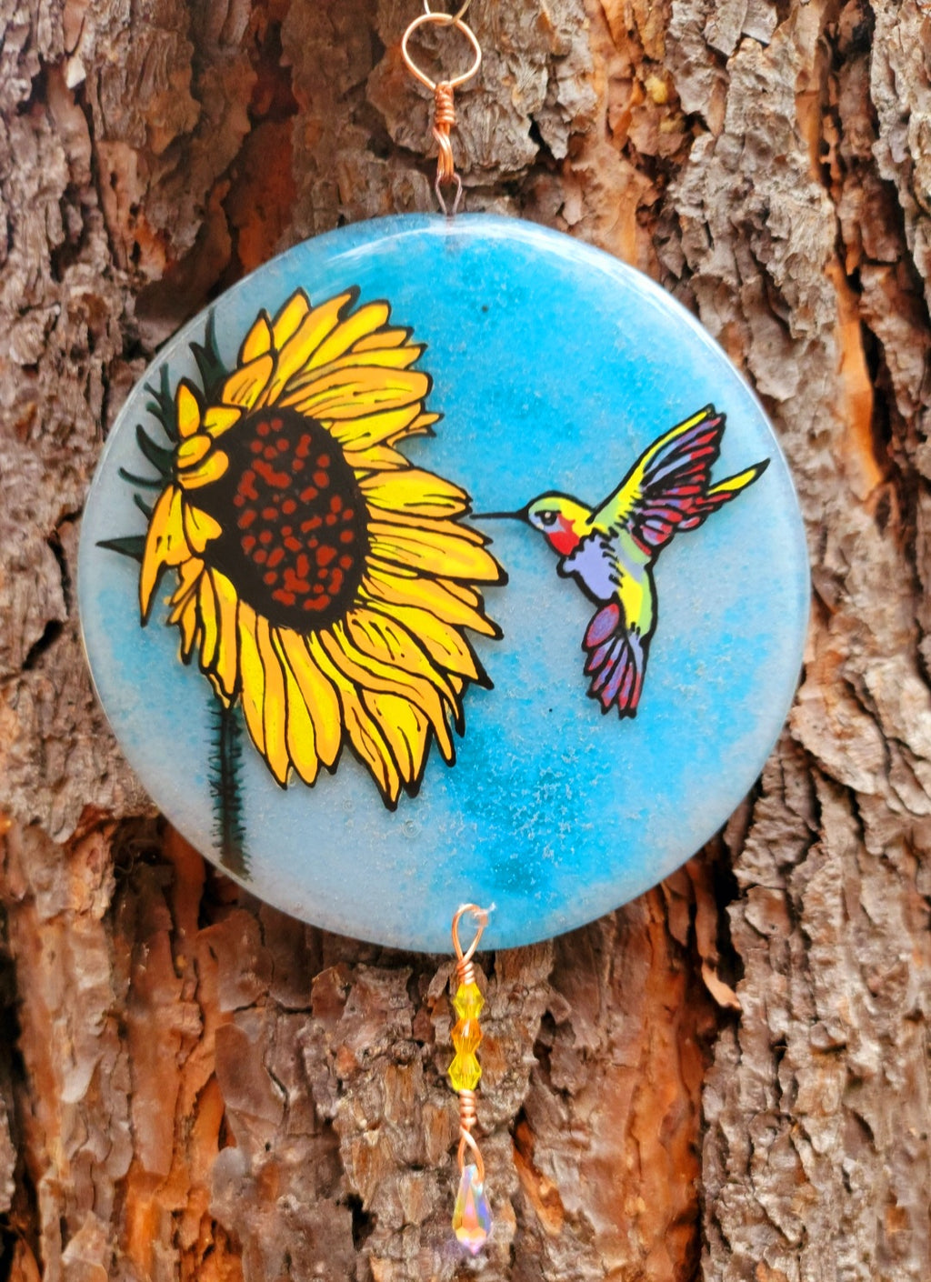 Hummingbird Sunflower Cremation Ashes InFused Glass Urn Sun Catchers