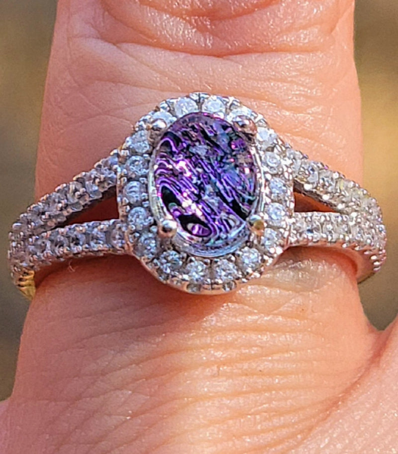 Halo Engagement Ashes InFused Glass Cremation Ring Paved in 54 CZ Sterling Silver 6,7,8,9