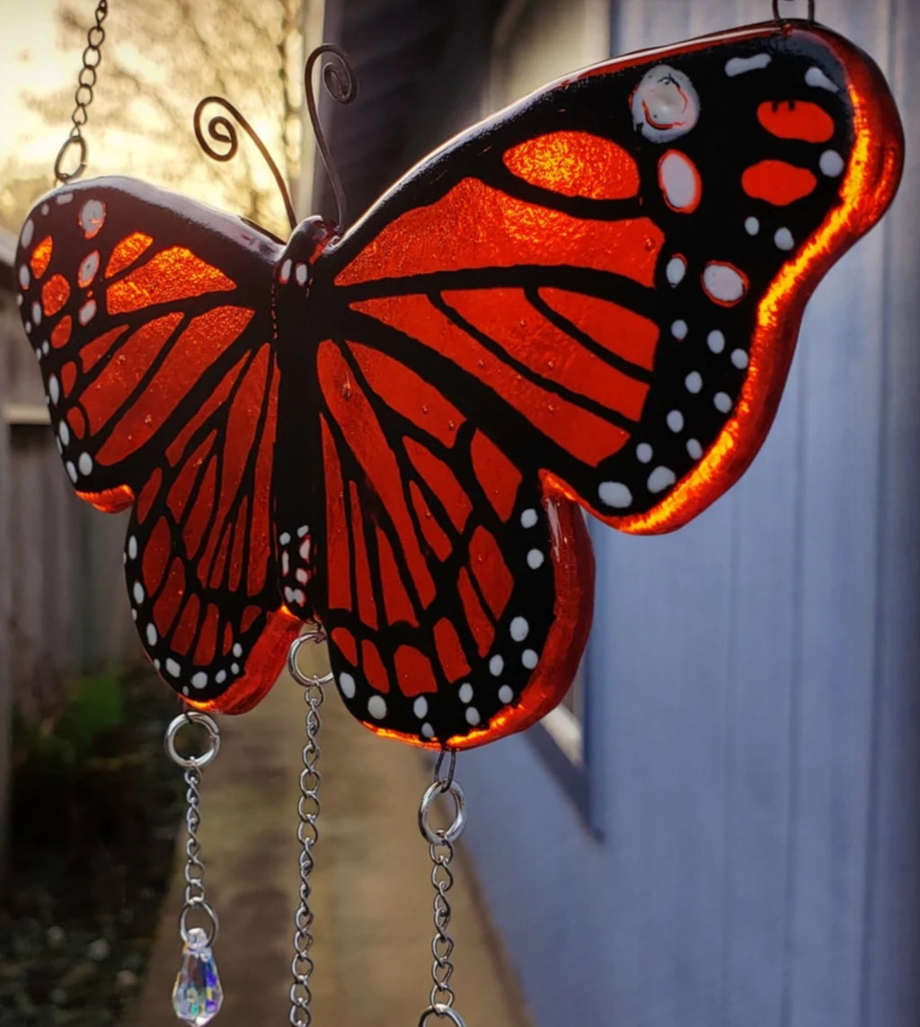 Monarch Butterfly Cremation Art Sun Catcher Ashes Infused Glass Memorial 7inch