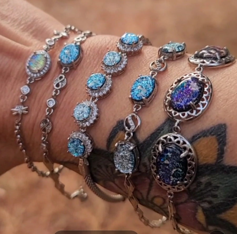 CZ Halo Cremation Ash Bracelet 5x 5mm Stones Ashes InFused Glass Italian Silver Rope Chain Adjustable Clasp
