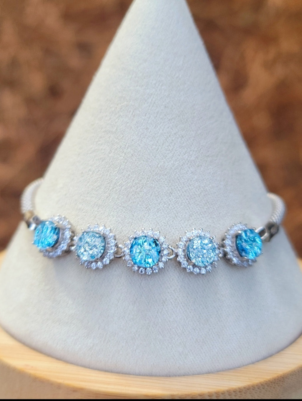 CZ Halo Cremation Ash Bracelet 5x 5mm Stones Ashes InFused Glass Italian Silver Rope Chain Adjustable Clasp