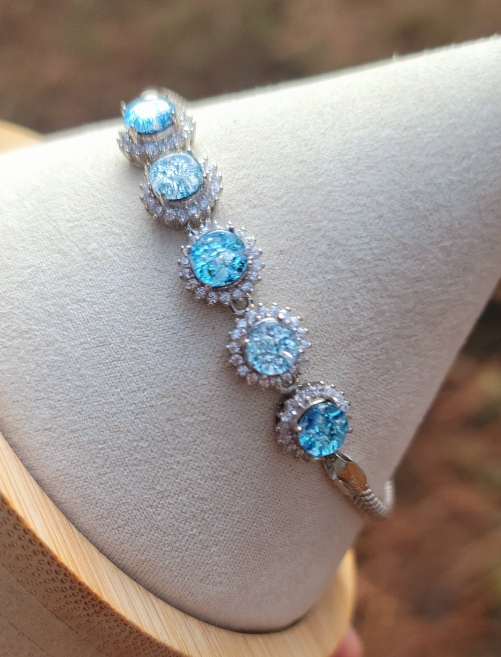 CZ Halo Cremation Ash Bracelet 5x 5mm Stones Ashes InFused Glass Italian Silver Rope Chain Adjustable Clasp