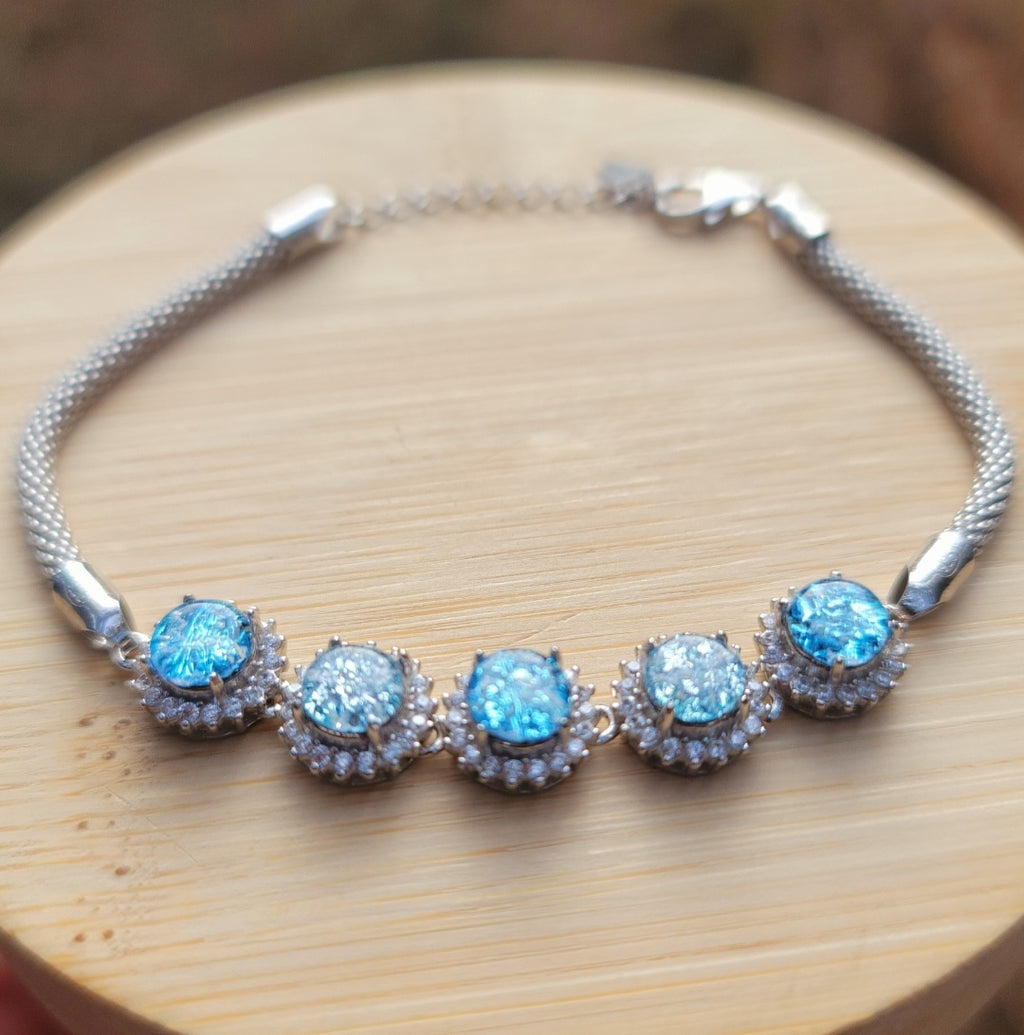 CZ Halo Cremation Ash Bracelet 5x 5mm Stones Ashes InFused Glass Italian Silver Rope Chain Adjustable Clasp