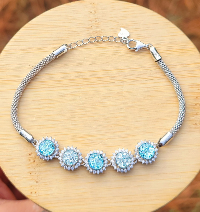 CZ Halo Cremation Ash Bracelet 5x 5mm Stones Ashes InFused Glass Italian Silver Rope Chain Adjustable Clasp