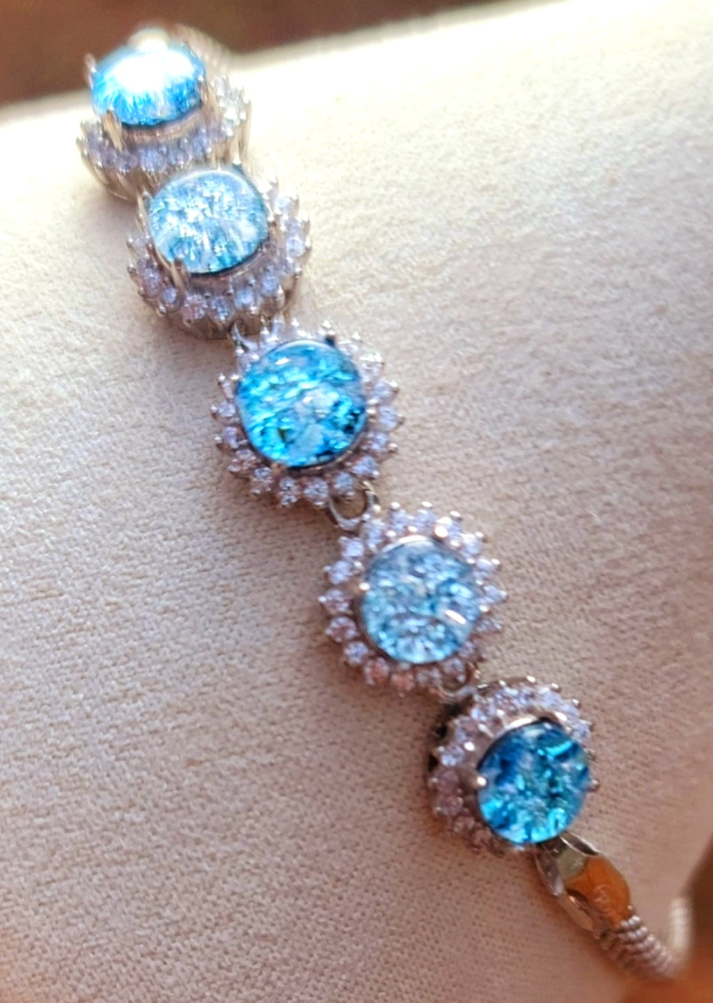 CZ Halo Cremation Ash Bracelet 5x 5mm Stones Ashes InFused Glass Italian Silver Rope Chain Adjustable Clasp