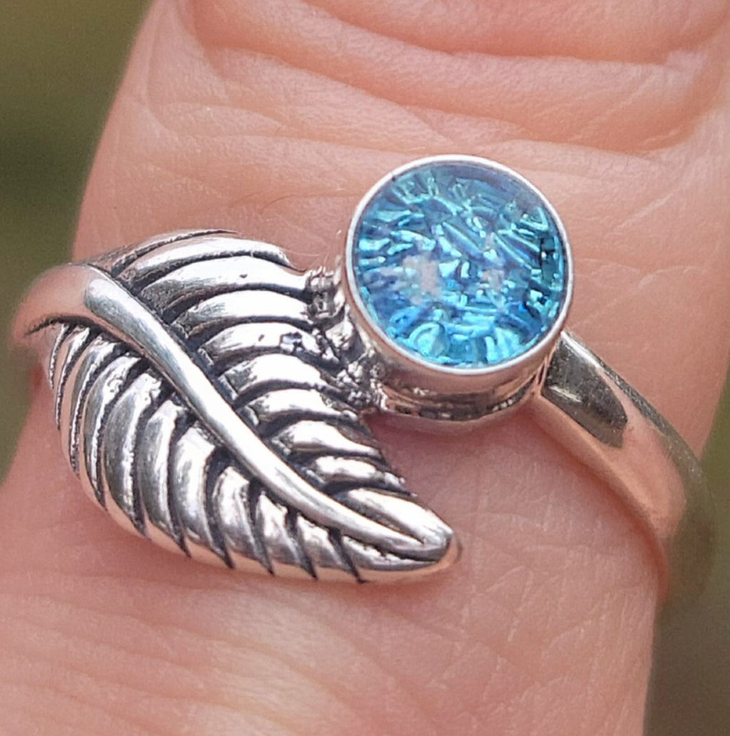 CLEARANCE Leaf Cremation Ring Ashes InFused Glass Bali Sterling Silver Urn 7,8,9
