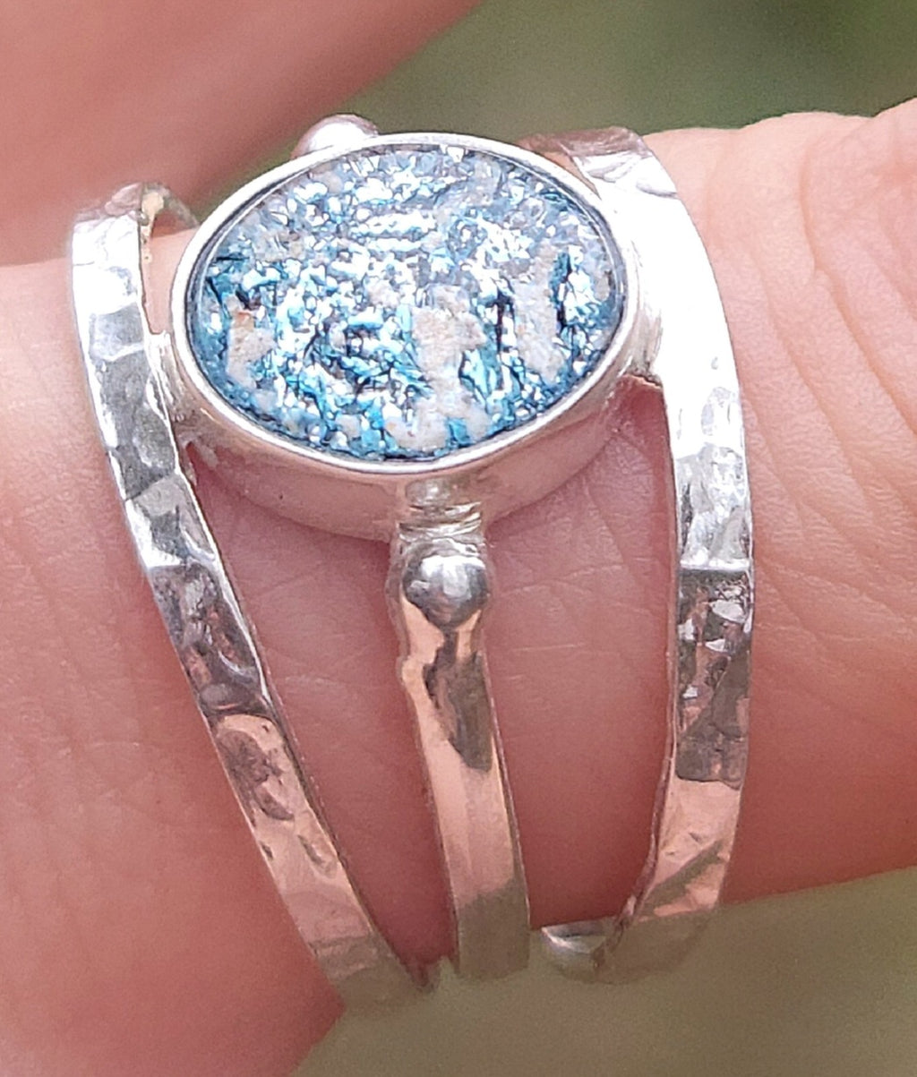 3 Band Bangle Cremation Ring Ashes InFused Glass Bali Sterling Silver Urn 6,7,8,9