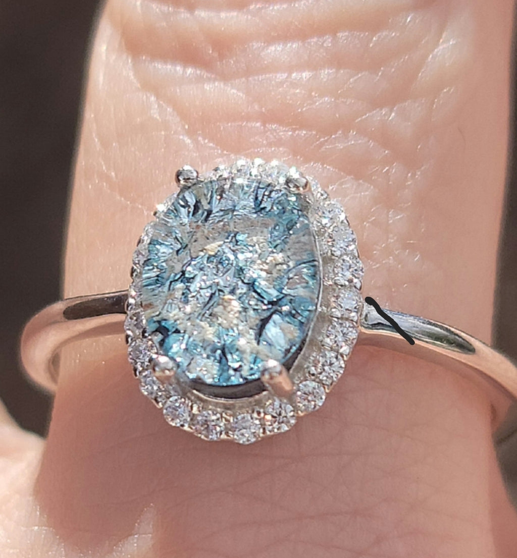 NEW 9x7mm Engagement Style Ashes InFused Glass Cremation Ring 22 cubic zirconium Sterling Silver 7,8,9