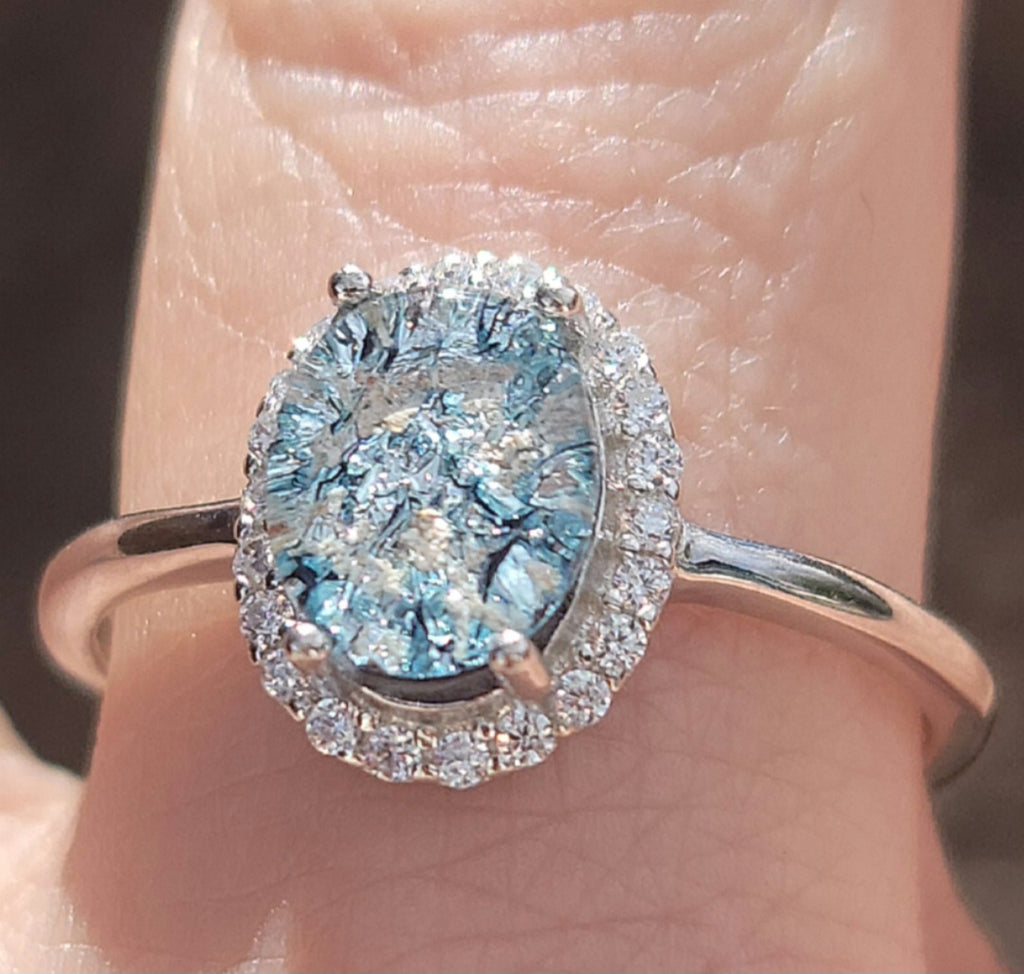 NEW 9x7mm Engagement Style Ashes InFused Glass Cremation Ring 22 cubic zirconium Sterling Silver 7,8,9