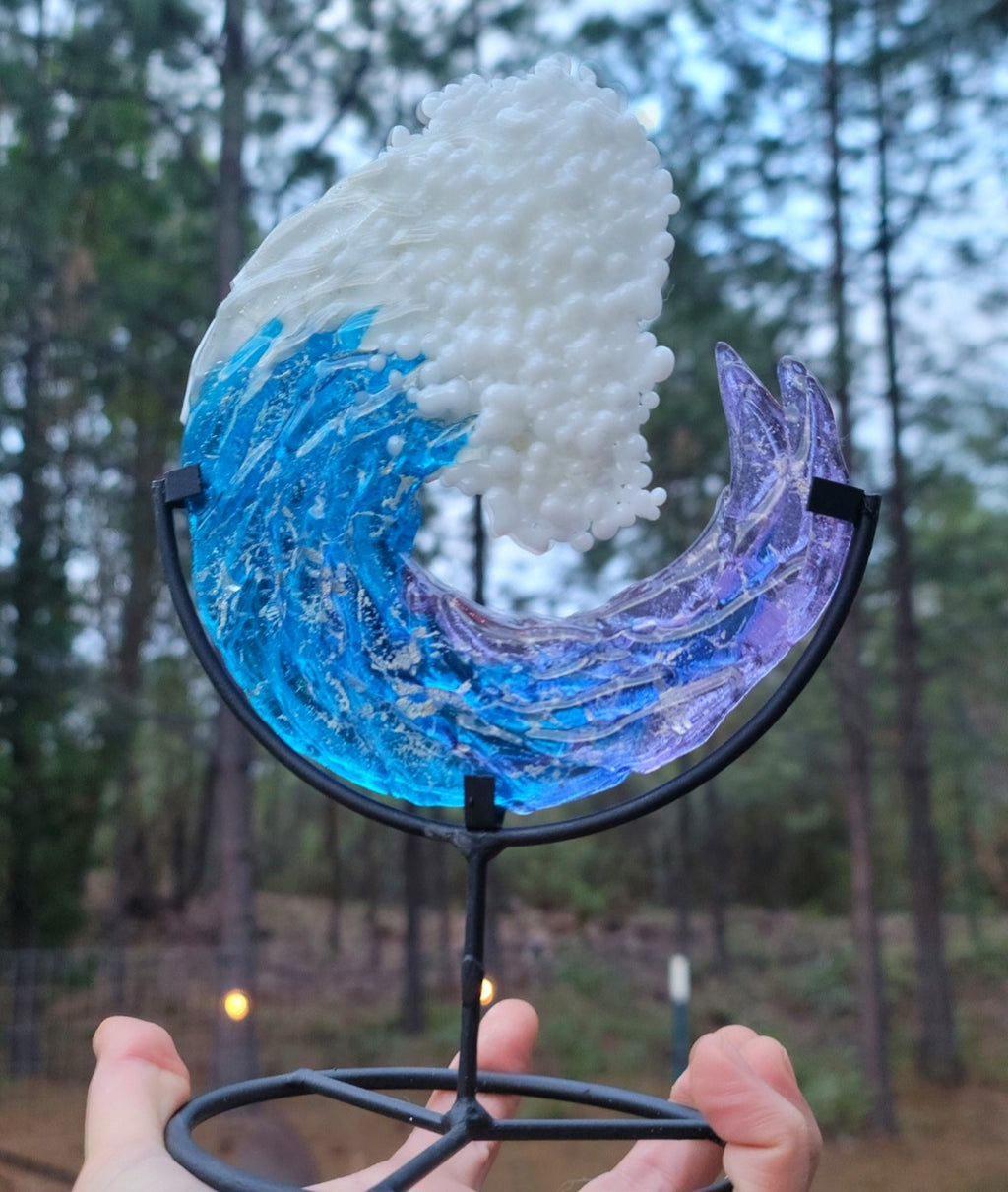 Ashes InFused Glass Cremation Art 3D Ocean Wave 5in Rod Iron Table Display Memorial