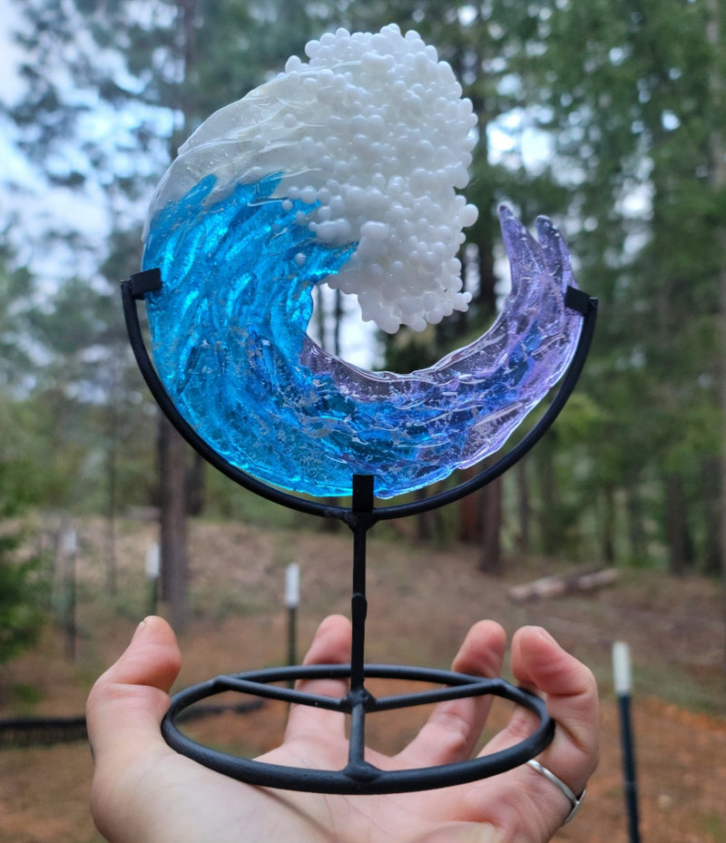 Ashes InFused Glass Cremation Art 3D Ocean Wave 5in Rod Iron Table Display Memorial