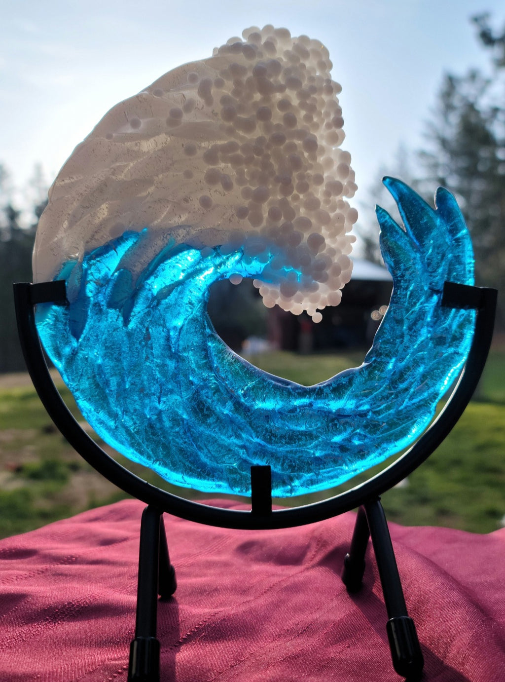 NEW 6 Inch  Ashes InFused Glass Cremation Art 3D Ocean Wave Rod Iron Table Display Memorial
