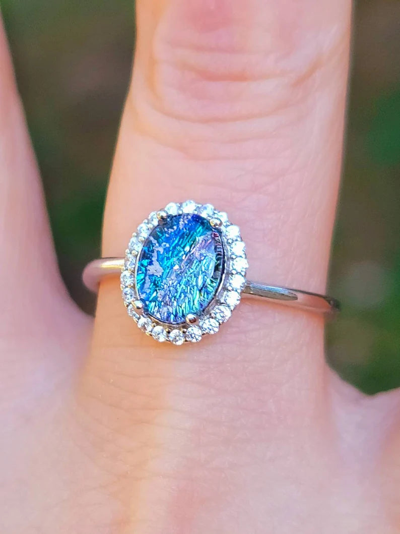 NEW 9x7mm Engagement Style Ashes InFused Glass Cremation Ring 22 cubic zirconium Sterling Silver 7,8,9