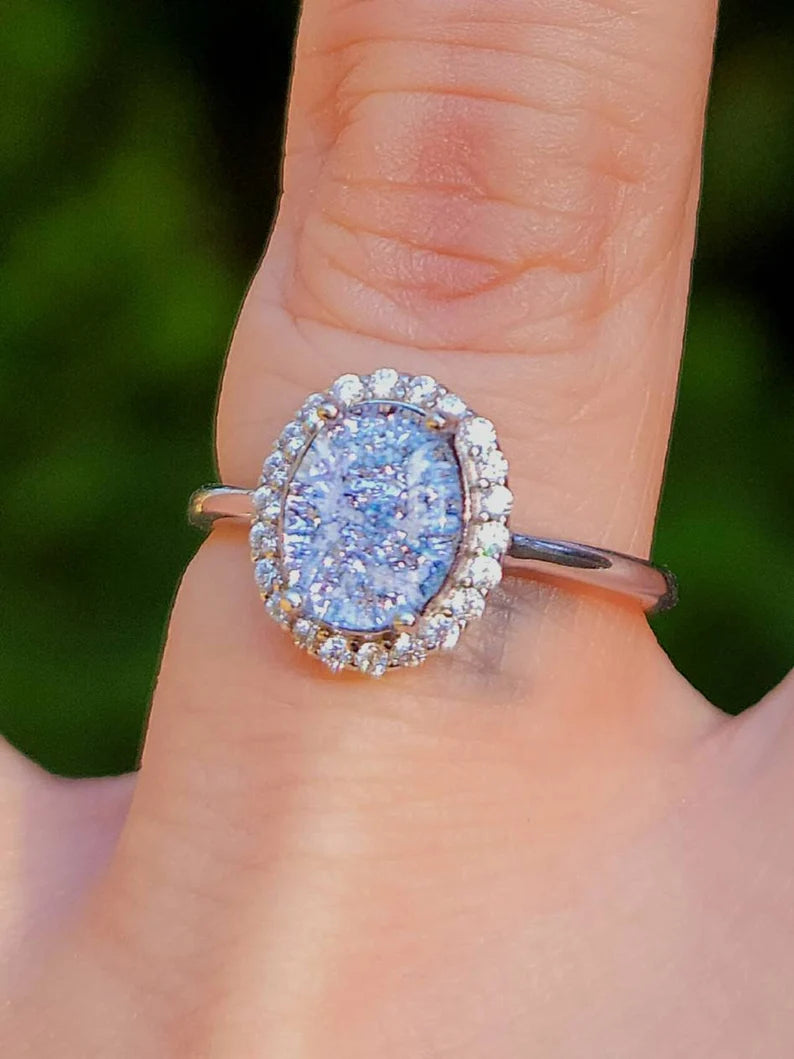 NEW 9x7mm Engagement Style Ashes InFused Glass Cremation Ring 22 cubic zirconium Sterling Silver 7,8,9