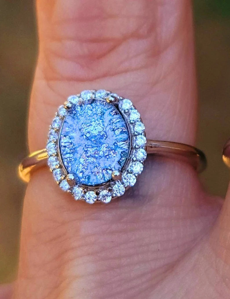 NEW 9x7mm Engagement Style Ashes InFused Glass Cremation Ring 22 cubic zirconium Sterling Silver 7,8,9