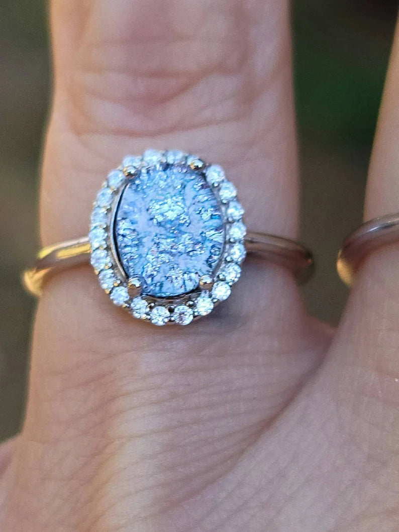 NEW 9x7mm Engagement Style Ashes InFused Glass Cremation Ring 22 cubic zirconium Sterling Silver 7,8,9