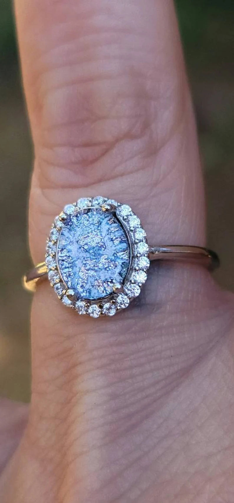 NEW 9x7mm Engagement Style Ashes InFused Glass Cremation Ring 22 cubic zirconium Sterling Silver 7,8,9