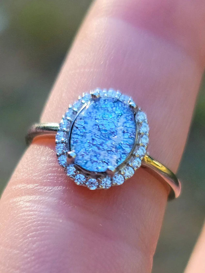 NEW 9x7mm Engagement Style Ashes InFused Glass Cremation Ring 22 cubic zirconium Sterling Silver 7,8,9