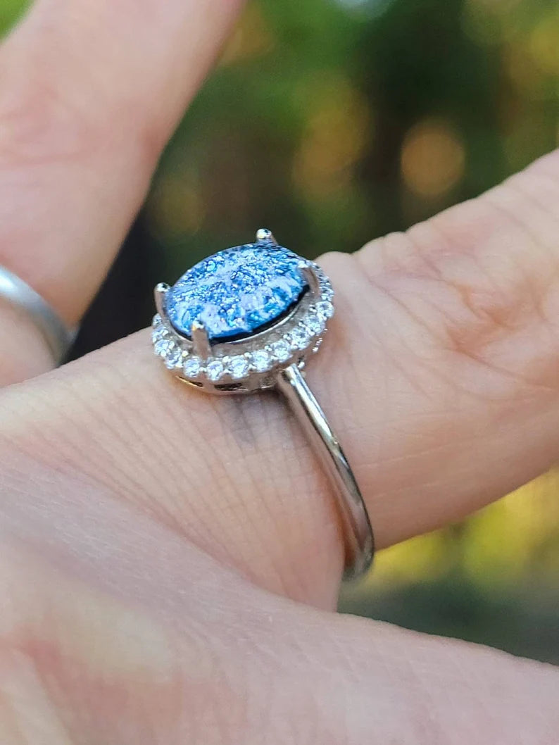 NEW 9x7mm Engagement Style Ashes InFused Glass Cremation Ring 22 cubic zirconium Sterling Silver 7,8,9