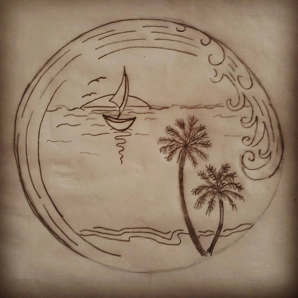Custom Sketch Boat in the sunset palm trees Ashes InFused Glass Cremation Art Sunset Tree of Life Ocean Wave Handmade