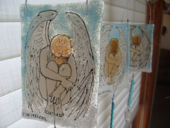 Crying Angel Ashes Infused Glass Cremation Art Sun Catchers Custom Designs Ashes in Glass by Infusion Glass