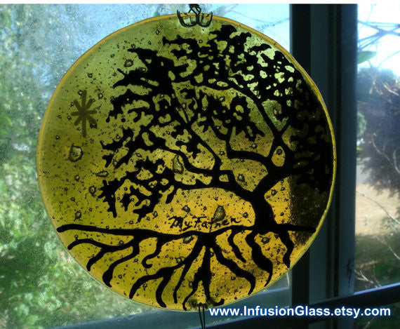 Ashes InFused Glass Cremation Art Sunset Tree of Life  Handmade