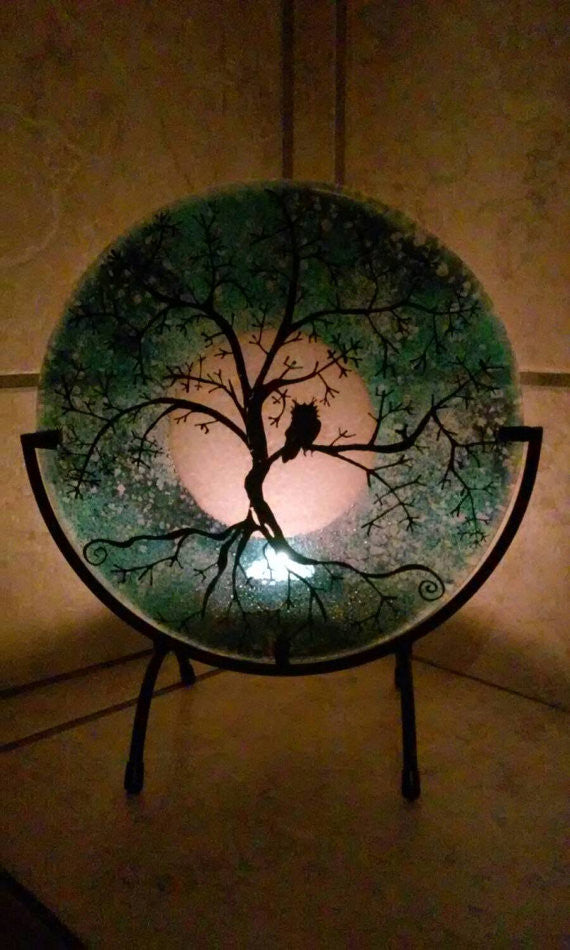 Ashes InFused Glass Cremation Art Owl Moon Tree of Life Table Display