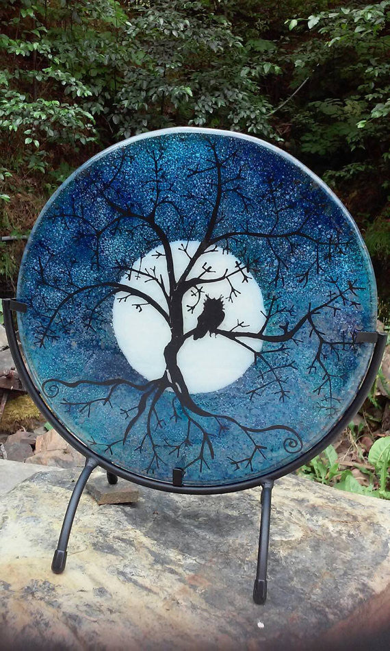 Table Display Tree of Life Owl Urn Cremation Ashes Infused Glass by Infusion Glass Full Moon 