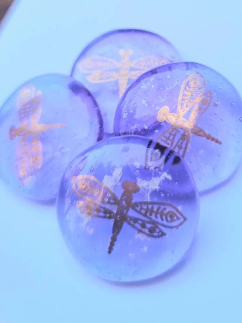 Dragonfly Cremation Pocket Stones 4 (set) Ashes InFused Glass 1 inch stones in Velvet Bag