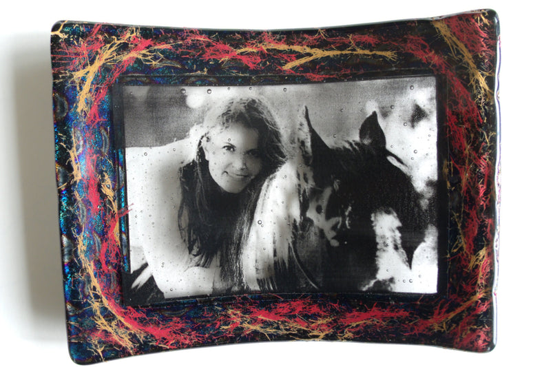 photo frame of woman with horse in glass that is infused with horse hair Unique Celebration of life Funeral Memorials. Ashes in Glass Cremation Glass Art Sculptures, Cremation Wind Chimes, Cremation Sun Catchers, Table Displays, & Cremation Jewelry Custom USA Handmade by Infusion Glass. Ashes Infused Glass Human and Pet Cremation Ash Urns  Ashesinfusedglass.com