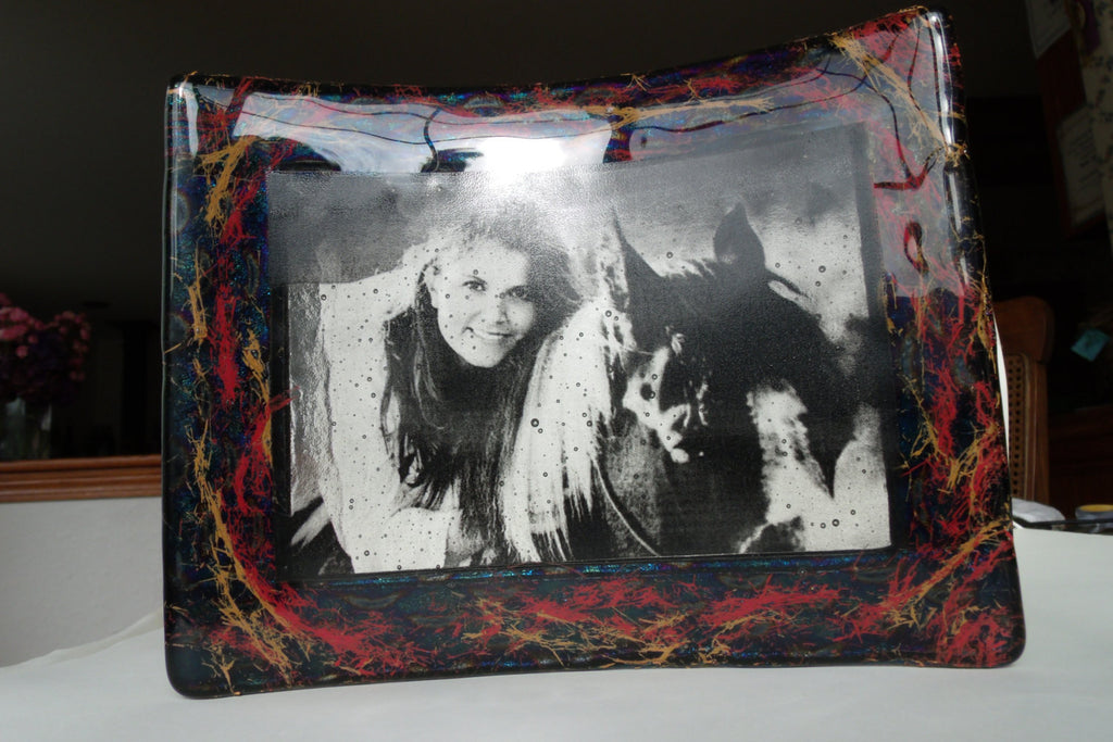 photo frame of woman with horse in glass that is infused with horse hair Unique Celebration of life Funeral Memorials. Ashes in Glass Cremation Glass Art Sculptures, Cremation Wind Chimes, Cremation Sun Catchers, Table Displays, & Cremation Jewelry Custom USA Handmade by Infusion Glass. Ashes Infused Glass Human and Pet Cremation Ash Urns  Ashesinfusedglass.com