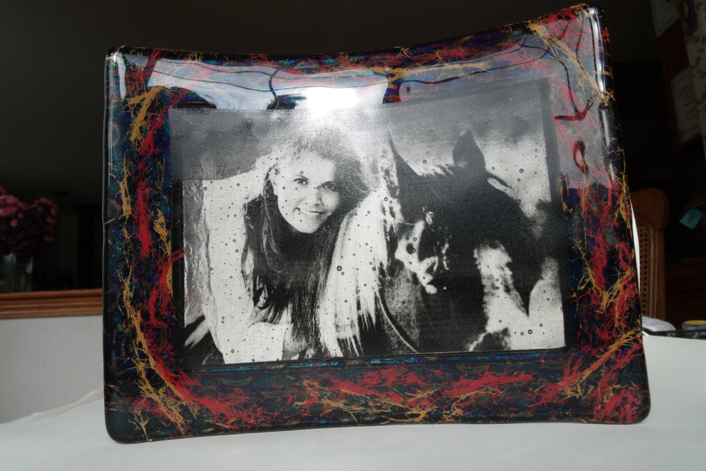 photo frame of woman with horse in glass that is infused with horse hair Unique Celebration of life Funeral Memorials. Ashes in Glass Cremation Glass Art Sculptures, Cremation Wind Chimes, Cremation Sun Catchers, Table Displays, & Cremation Jewelry Custom USA Handmade by Infusion Glass. Ashes Infused Glass Human and Pet Cremation Ash Urns  Ashesinfusedglass.com