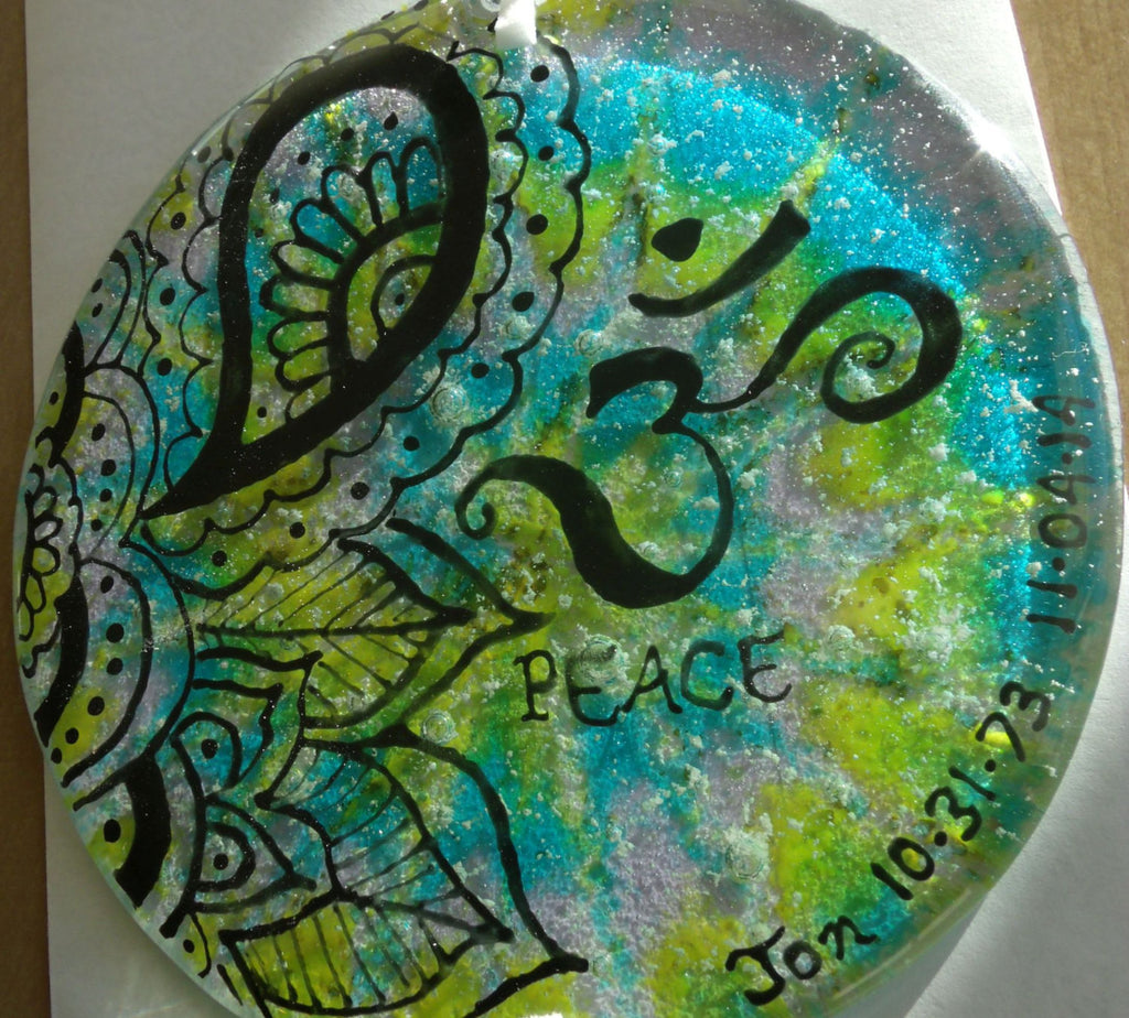 Ashes Infused Glass Cremation Art Sun Catcher OM Peace Memorial