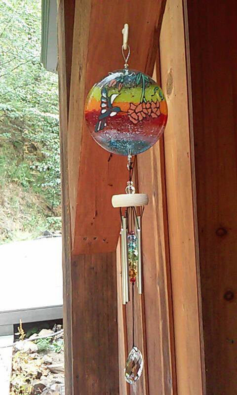 Ashes Infused Glass Cremation Art Wind Chime  Hummingbird Rainbow Handmade hanging outside