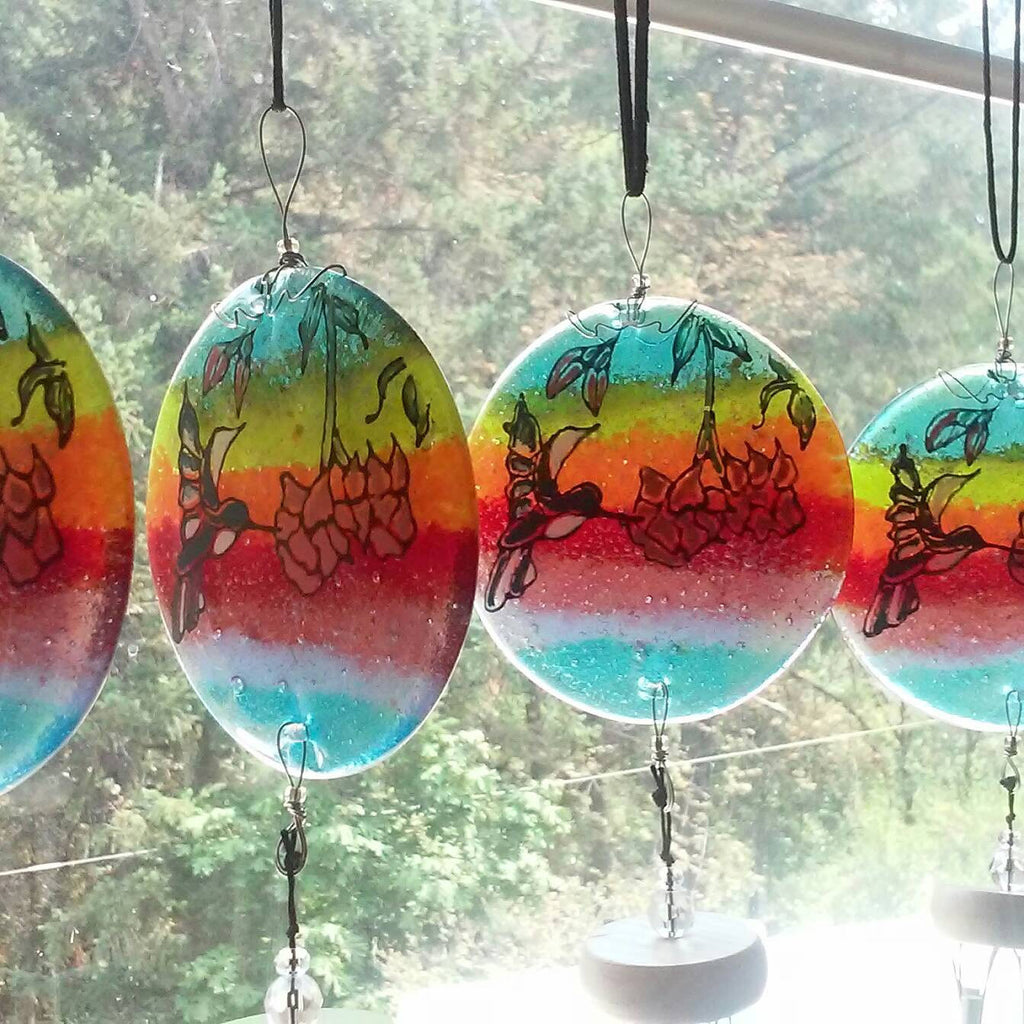 Ashes Infused Glass Cremation Art Wind Chime  Hummingbird Rainbow Handmade 4 hanging in a window