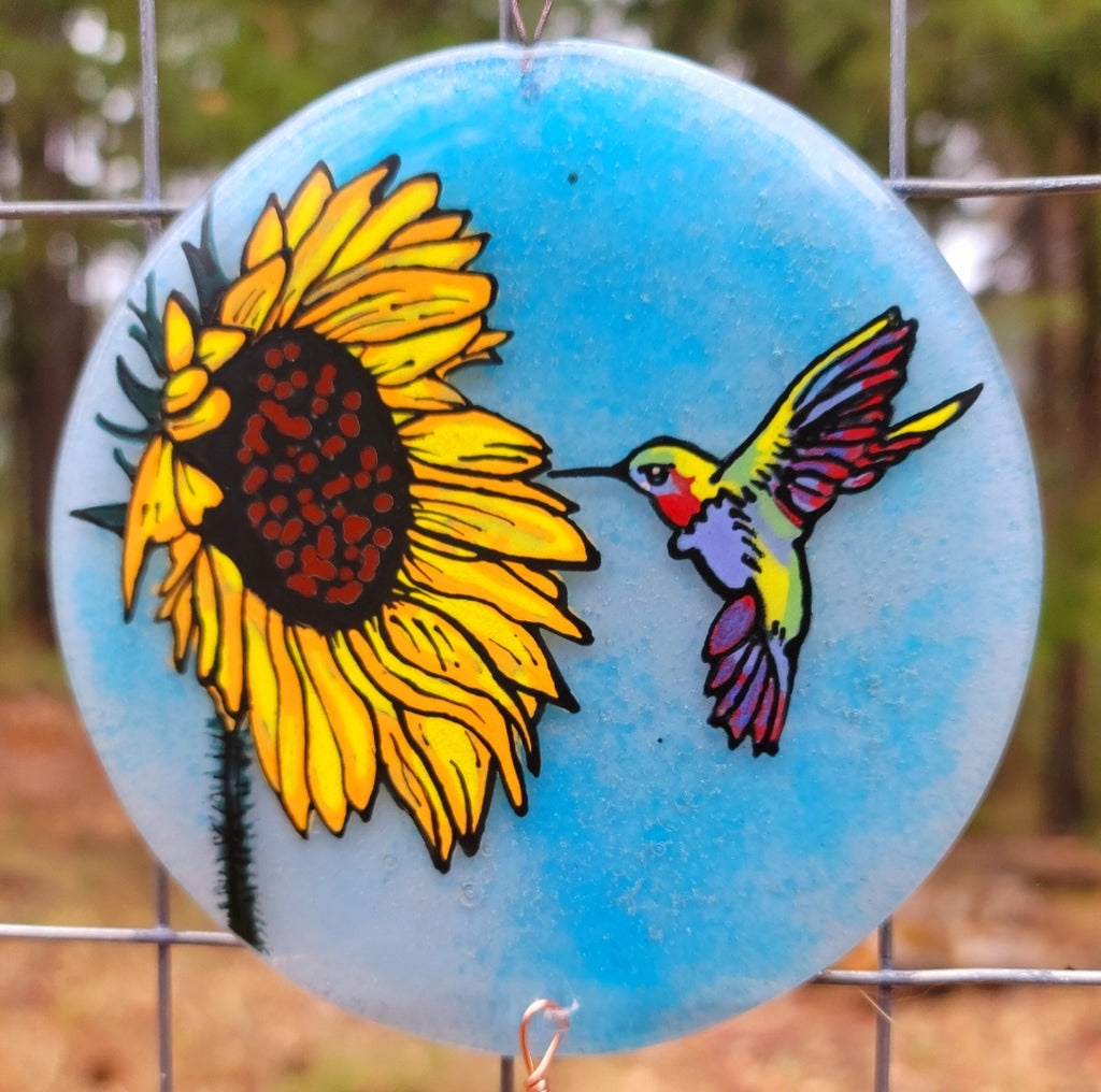 NEW Hummingbird Sunflower Cremation Ashes InFused Glass Urn Sun Catchers